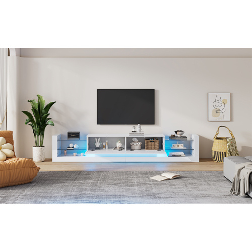 19bc7ccd-d910-4fcf-8454-3ff7dd2f8fac.jpg Open Glass Storage TV Stand With LED Lights For TV Cabinets Up To 75 Inches High Gloss Panel, Modern Minimalist Style Media Entertainment Center Console Cabinet Table With 2 Closed Sliding Door, White