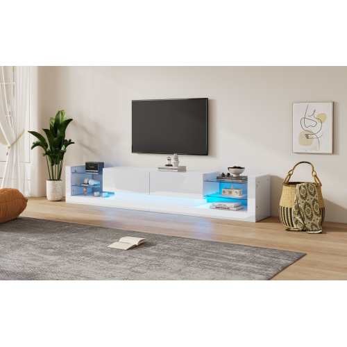2746933e-ba89-45e1-89e3-09be2b668d18.jpg Open Glass Storage TV Stand With LED Lights For TV Cabinets Up To 75 Inches High Gloss Panel, Modern Minimalist Style Media Entertainment Center Console Cabinet Table With 2 Closed Sliding Door, White