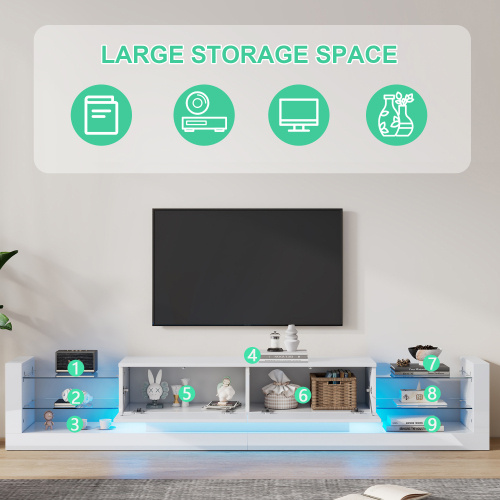 9a93b294-2397-426e-b917-a40c102921a6.jpg Open Glass Storage TV Stand With LED Lights For TV Cabinets Up To 75 Inches High Gloss Panel, Modern Minimalist Style Media Entertainment Center Console Cabinet Table With 2 Closed Sliding Door, White