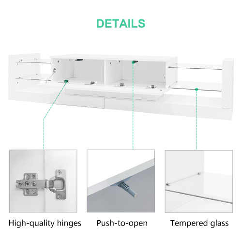 ee0b6c01-203e-431c-9246-9eb86cdc5865.jpg Open Glass Storage TV Stand With LED Lights For TV Cabinets Up To 75 Inches High Gloss Panel, Modern Minimalist Style Media Entertainment Center Console Cabinet Table With 2 Closed Sliding Door, White